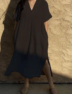 Women's Swimsuits Cover Up Swim Dress Swimsuit Pocket Vacation Beach Wear Solid Color V Neck Short Sleeves Bathing Suits