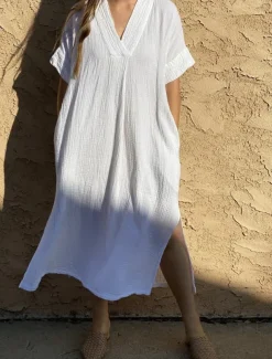 Women's Swimsuits Cover Up Swim Dress Swimsuit Pocket Vacation Beach Wear Solid Color V Neck Short Sleeves Bathing Suits