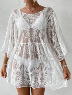 Women's Swimsuits Cover Up Swim Dress Swimsuit Lace Patchwork Vacation Beach Wear Solid Color V Neck Long Sleeve Bathing Suits