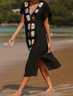 Women's Swimsuits Cover Up Swim Dress Swimsuit Patchwork Vacation Beach Wear Solid Color V Neck Short Sleeves Bathing Suits