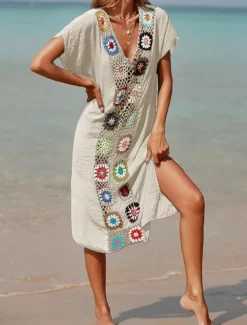 Women's Swimsuits Cover Up Swim Dress Swimsuit Patchwork Vacation Beach Wear Solid Color V Neck Short Sleeves Bathing Suits