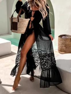 Women's Swimsuits Cover Up Swimsuit Lace Patchwork Vacation Beach Wear Solid Color V Neck Long Sleeve Bathing Suits