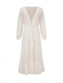 Women's Swimsuits Cover Up Swimsuit Lace Patchwork Vacation Beach Wear Solid Color V Neck Long Sleeve Bathing Suits