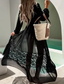 Women's Swimsuits Cover Up Swimsuit Lace Patchwork Vacation Beach Wear Solid Color V Neck Long Sleeve Bathing Suits