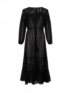 Women's Swimsuits Cover Up Swimsuit Lace Patchwork Vacation Beach Wear Solid Color V Neck Long Sleeve Bathing Suits