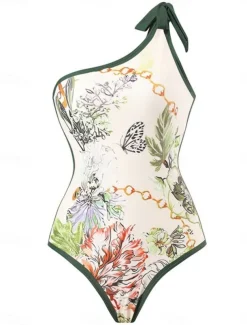 Women's Swimsuits One Piece 2 Piece Skirt Swimsuit Ruffle Backless Tummy Control High Waist Slim Vacation Beach Wear Floral Asymmetric Neck Sleeveless Bathing Suits