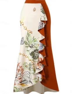 Women's Swimsuits One Piece 2 Piece Skirt Swimsuit Ruffle Backless Tummy Control High Waist Slim Vacation Beach Wear Floral Asymmetric Neck Sleeveless Bathing Suits