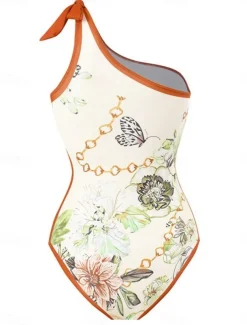 Women's Swimsuits One Piece 2 Piece Skirt Swimsuit Ruffle Backless Tummy Control High Waist Slim Vacation Beach Wear Floral Asymmetric Neck Sleeveless Bathing Suits