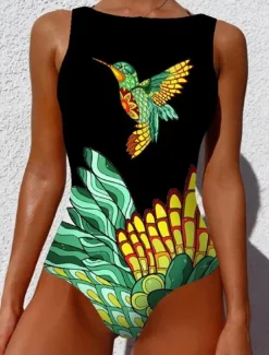 Women's Swimsuits One Piece Monokini Swimsuit Backless Tummy Control High Waist Slim Vacation Beach Wear Geometric Round Neck Sleeveless Bathing Suits