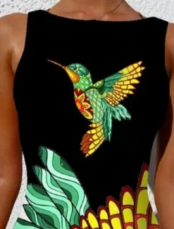 Women's Swimsuits One Piece Monokini Swimsuit Backless Tummy Control High Waist Slim Vacation Beach Wear Geometric Round Neck Sleeveless Bathing Suits