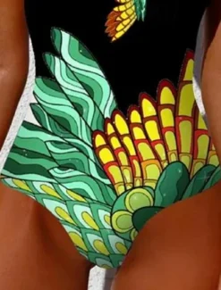 Women's Swimsuits One Piece Monokini Swimsuit Backless Tummy Control High Waist Slim Vacation Beach Wear Geometric Round Neck Sleeveless Bathing Suits