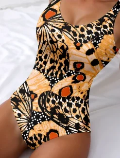 Women's Swimsuits One Piece Swimsuit Beach Wear Summer Leopard Butterfly Sleeveless Bathing Suits