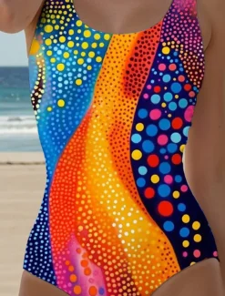 Women's Swimsuits One Piece Monokini High Cut Swimsuit Backless Tummy Control High Waist Slim Vacation Vintage Graphic Geometric U Neck Sleeveless Bathing Suits