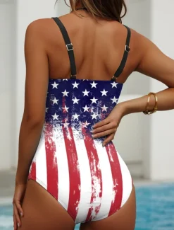 Women's Swimsuits One Piece Patriotic Monokini Swimsuits Backless Tummy Control High Waist Slim Vacation Beach Wear Flag U Neck Sleeveless Bathing Suits