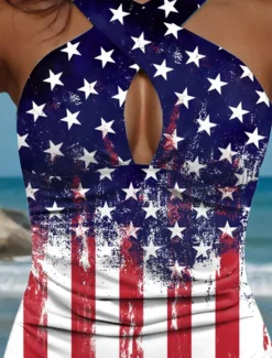 Women's Swimsuits One Piece Patriotic Monokini Swimsuits Backless Tummy Control High Waist Slim Vacation Beach Wear Flag U Neck Sleeveless Bathing Suits