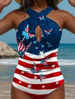 Women's Swimsuits One Piece Patriotic Monokini Swimsuits Backless Tummy Control High Waist Slim Vacation Beach Wear Flag U Neck Sleeveless Bathing Suits