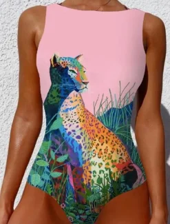 Women's Swimsuits One Piece Monokini Swimsuit Backless Tummy Control High Waist Slim Vacation Beach Wear Geometric Round Neck Sleeveless Bathing Suits