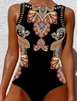 Women's Swimsuits One Piece Monokini Swimsuit Backless Tummy Control High Waist Slim Vacation Beach Wear Geometric Round Neck Sleeveless Bathing Suits