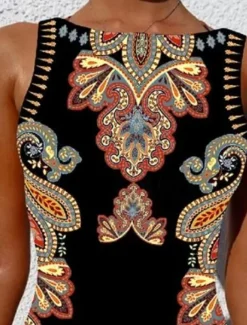 Women's Swimsuits One Piece Monokini Swimsuit Backless Tummy Control High Waist Slim Vacation Beach Wear Geometric Round Neck Sleeveless Bathing Suits