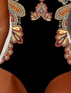 Women's Swimsuits One Piece Monokini Swimsuit Backless Tummy Control High Waist Slim Vacation Beach Wear Geometric Round Neck Sleeveless Bathing Suits