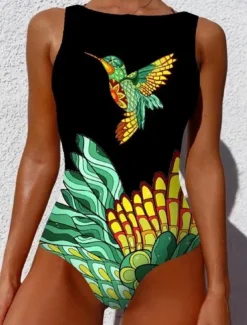 Women's Swimsuits One Piece Monokini Swimsuit Backless Tummy Control High Waist Slim Vacation Beach Wear Geometric Round Neck Sleeveless Bathing Suits