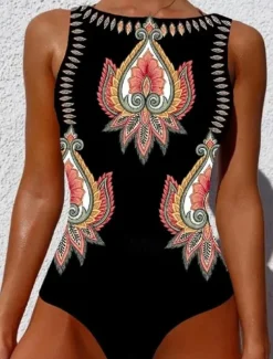 Women's Swimsuits One Piece Monokini Swimsuit Backless Tummy Control High Waist Slim Vacation Beach Wear Geometric Round Neck Sleeveless Bathing Suits