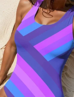 Women's Swimsuits One Piece Monokini Swimsuit Backless Tummy Control High Waist Slim Vacation Beach Wear Geometic U Neck Sleeveless Bathing Suits