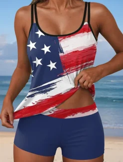 Women's Swimsuits Patriotic Tankini 2 Piece Boy Leg Swimsuit Backless Vacation Beach Wear Flag U Neck Sleeveless Bathing Suits