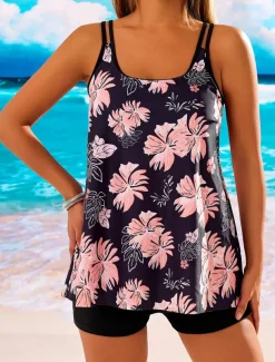 Women's Swimsuits Swimdresses 2 Piece Tankini Swimsuit Backless Vacation Beach Wear Floral U Neck Sleeveless Bathing Suits
