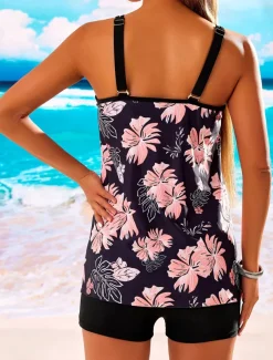 Women's Swimsuits Swimdresses 2 Piece Tankini Swimsuit Backless Vacation Beach Wear Floral U Neck Sleeveless Bathing Suits