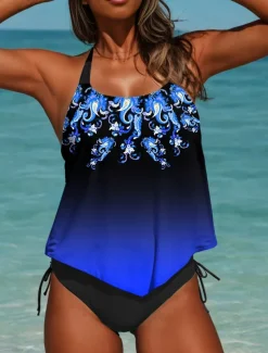 Women's Swimsuits Tankini 2 Piece Cheeky Swimsuits Backless Vacation Beach Wear Ombre Graphic U Neck Sleeveless Bathing Suits