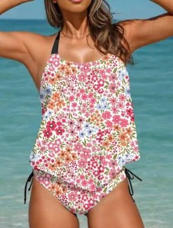 Women's Swimsuits Tankini 2 Piece Cheeky Swimsuit Backless Vacation Beach Wear Floral Halter Neck Sleeveless Bathing Suits