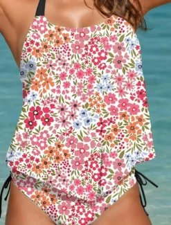 Women's Swimsuits Tankini 2 Piece Cheeky Swimsuit Backless Vacation Beach Wear Floral Halter Neck Sleeveless Bathing Suits