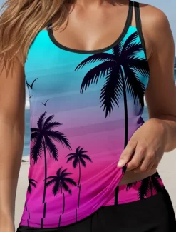 Women's Swimsuits Tankini 2 Piece Boy Leg Swimsuit Backless Vacation Beach Wear Ombre U Neck Sleeveless Bathing Suits