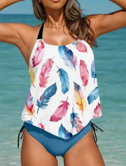 Women's Swimsuits Tankini 2 Piece Cheeky Swimsuit Backless Vacation Beach Wear Graphic Halter Neck Sleeveless Bathing Suits