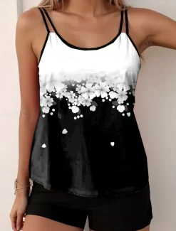 Women's Swimsuits Tankini 2 Piece Boy Leg Swimsuit Backless Vacation Beach Wear Floral U Neck Sleeveless Bathing Suits