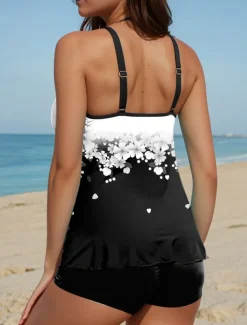 Women's Swimsuits Tankini 2 Piece Boy Leg Swimsuit Backless Vacation Beach Wear Floral U Neck Sleeveless Bathing Suits