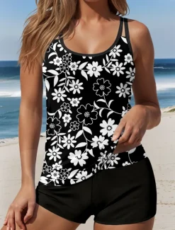 Women's Swimsuits Tankini 2 Piece Boy Leg Swimsuit Backless Vacation Beach Wear Floral U Neck Sleeveless Bathing Suits
