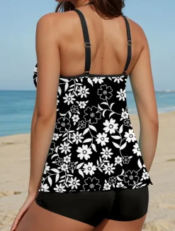 Women's Swimsuits Tankini 2 Piece Boy Leg Swimsuit Backless Vacation Beach Wear Floral U Neck Sleeveless Bathing Suits