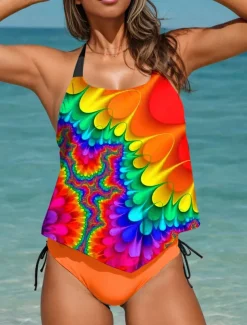 Women's Swimsuits Tankini 2 Piece Cheeky Swimsuit Backless Vacation Beach Wear Ombre Graphic U Neck Sleeveless Bathing Suits