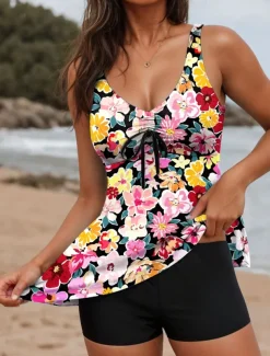 Women's Swimsuits Tankini 2 Piece Boy Leg Swimsuit Backless Tummy Control High Waist Slim Vacation Beach Wear Floral U Neck Sleeveless Bathing Suits