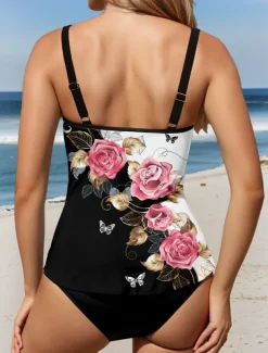 Women's Swimsuits Tankini 2 Piece Cheeky Swimsuit Backless Tummy Control High Waist Slim Vacation Beach Wear Floral Graphic U Neck Sleeveless Bathing Suits