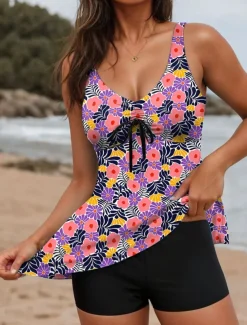 Women's Swimsuits Tankini 2 Piece Boy Leg Swimsuit Backless Tummy Control High Waist Slim Vacation Beach Wear Floral U Neck Sleeveless Bathing Suits