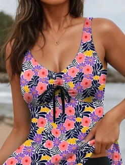 Women's Swimsuits Tankini 2 Piece Boy Leg Swimsuit Backless Tummy Control High Waist Slim Vacation Beach Wear Floral U Neck Sleeveless Bathing Suits