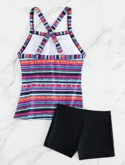 Women's Swimwear 2 Piece Boy Leg Swimsuit Backless Tummy Control High Waist Slim Cross Vacation Beach Wear Striped U Neck Sleeveless Bathing Suits