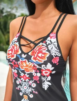 Women's Swimwear 2 Piece Boy Leg Swimsuit Backless High Waist Slim Vacation Beach Wear Graphic V Neck Sleeveless Bathing Suits