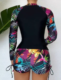 Women's Swimwear 2 Piece Boy Leg Swimsuit Drawstring Slim Vacation Beach Wear Graphic Round Neck Long Sleeve Bathing Suits