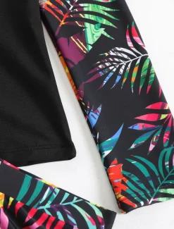 Women's Swimwear 2 Piece Boy Leg Swimsuit Drawstring Slim Vacation Beach Wear Graphic Round Neck Long Sleeve Bathing Suits