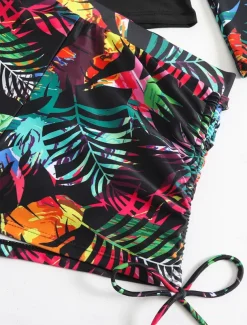 Women's Swimwear 2 Piece Boy Leg Swimsuit Drawstring Slim Vacation Beach Wear Graphic Round Neck Long Sleeve Bathing Suits