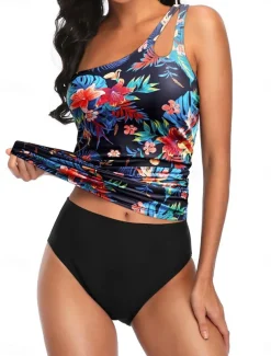 Women's Swimwear 2 Piece Cheeky Swimsuit Backless Tummy Control Slim Vacation Beach Wear Graphic Asymmetric Neck Sleeveless Bathing Suits